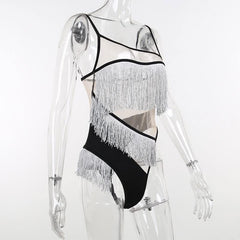 Irregular mesh see through tassels contrast backless cami bodysuit-final-sale