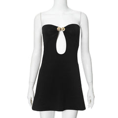Metal applique hollow out solid tube cut out mini dress
