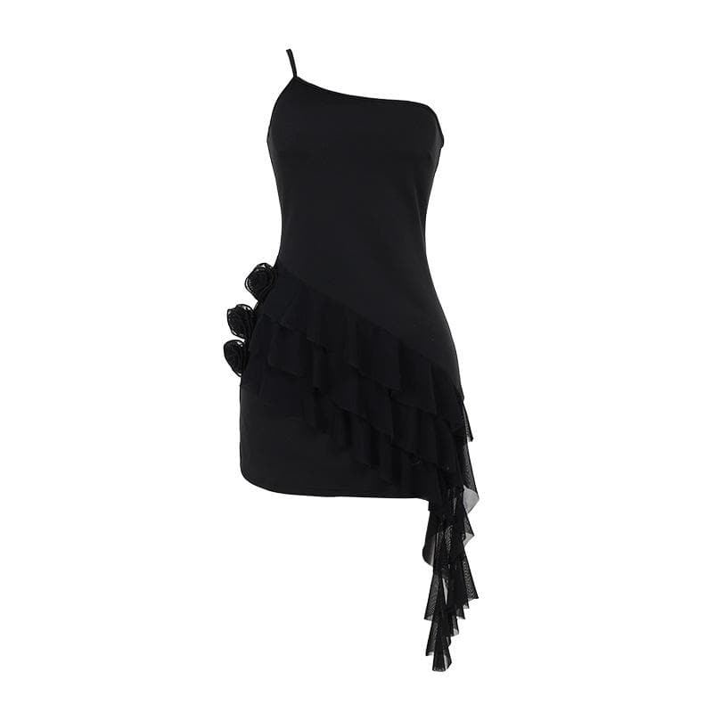 One shoulder ruffle flower applique mini dress