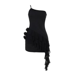 One shoulder ruffle flower applique mini dress