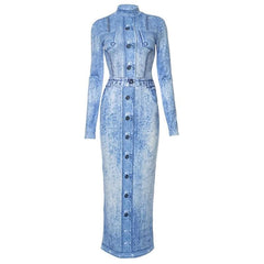 Denim print contrast high neck long sleeve maxi dress-final-sale