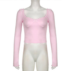 Long sleeve bowknot sweetheart neck ruffle top