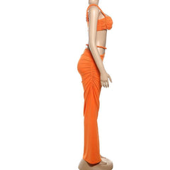 Irregular hollow out ruched v neck cami maxi skirt set