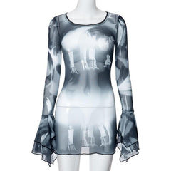 Long flared sleeve sheer mesh print ruffle mini dress-final-sale