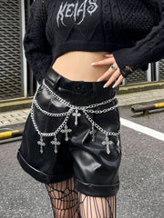 PU leather metal chain short pant
