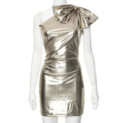 One shoulder bowknot metallic ruched mini dress