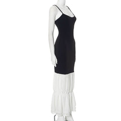 U neck ruched patchwork backless cami maxi dress