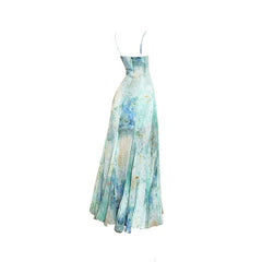 V neck print backless contrast cami maxi dress