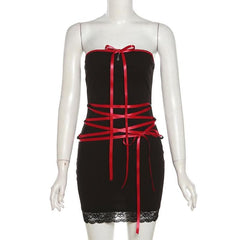 Lace up contrast lace hem bowknot backless tube mini dress-final-sale