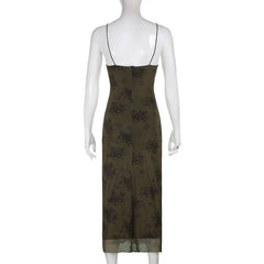 Flower print mesh zip-up cami maxi dress