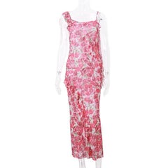 Sheer mesh see through irregular flower print ruffle maxi dress-final-sale