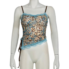 Lace leopard print irregular knotted cami top