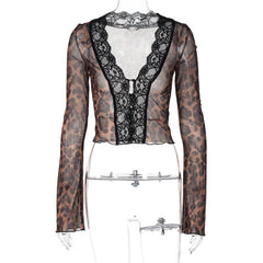 Long flared sleeve print lace hem button see through top