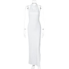 Slit halter sleeveless solid backless ruched maxi dress-final-sale