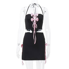 Bowknot halter contrast self tie backless mini skirt set-final-sale