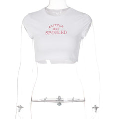“SPOILEDâ€?embroidery contrast crewneck cap sleeve crop top