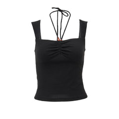 Halter sleeveless solid ruched beaded top