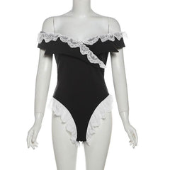 Off shoulder lace hem v neck zip-up bodysuit