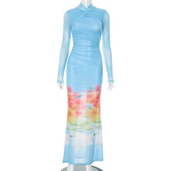 High neck long sleeve ruched mesh flower print maxi dress