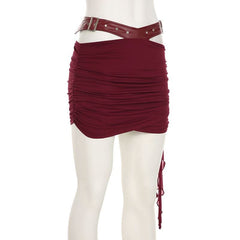 Ruched hollow out PU leather irregular cut out mini skirt