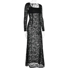 Lace see through square neck long sleeve zip-up solid maxi dress-final-sale