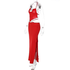 Hollow out metal tag halter self tie backless slit maxi skirt set-final-sale