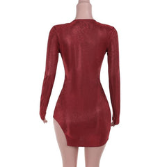 V neck long sleeve ruched slit glitter mini dress