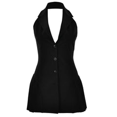 Halter deep V neck button pleated backless mini dress