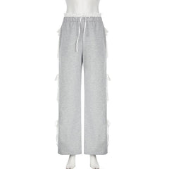 Lace hem bowknot medium rise pant