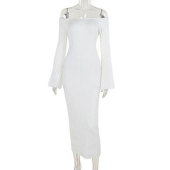 Off shoulder long sleeve knitted solid maxi dress