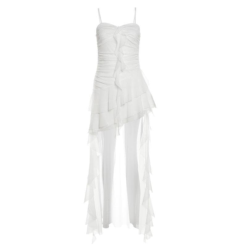 Ruched mesh ruffle sweetheart neck cami maxi dress