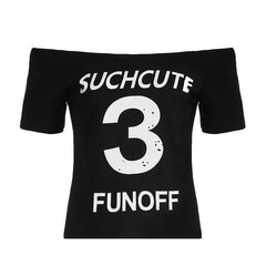 Short sleeve letter print off shoulder contrast top-final-sale