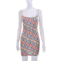 Mesh letter print contrast square neck backless cami mini dress-final-sale