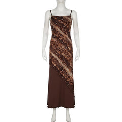 U neck print mesh backless cami maxi dress