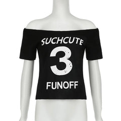 Short sleeve letter print off shoulder contrast top-final-sale
