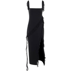 Ruffle cap sleeve slit square neck irregular solid maxi dress-final-sale