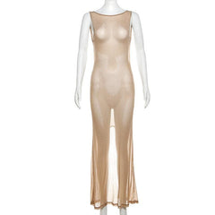 Glitter backless mesh slit maxi dress