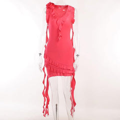 Sleeveless v neck ruffle flower applique ribbon mini dress-final-sale