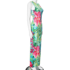 Print stitch backless hollow out tank cut out maxi dress