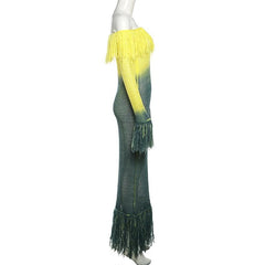 Crochet tassels off shoulder contrast long sleeve maxi dress-final-sale