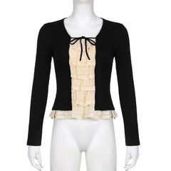 Lace patchwork contrast long sleeve self tie top-final-sale