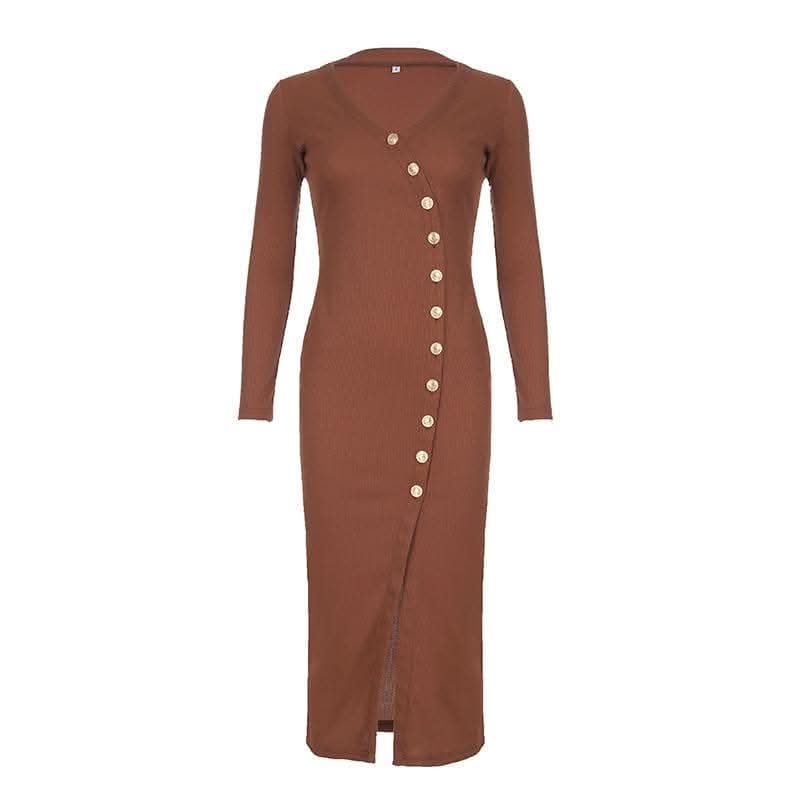 Long sleeve button high slit v neck irregular midi dress-final-sale