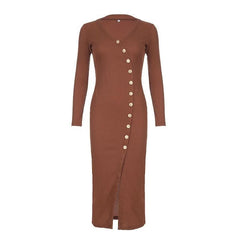Long sleeve button high slit v neck irregular midi dress-final-sale