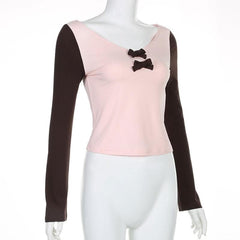 Bowknot contrast patchwork long sleeve v neck top-final-sale
