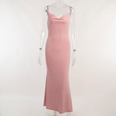 Sleeveless solid ribbed cowl neck backless ruffle maxi dress-final-sale