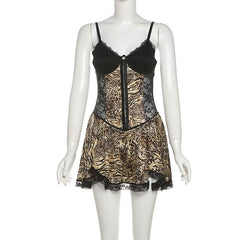 Lace hem leopard print v neck button cami mini dress