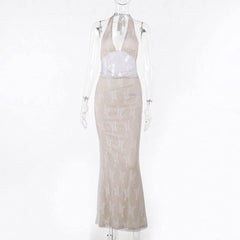 Halter v neck lace backless maxi dress