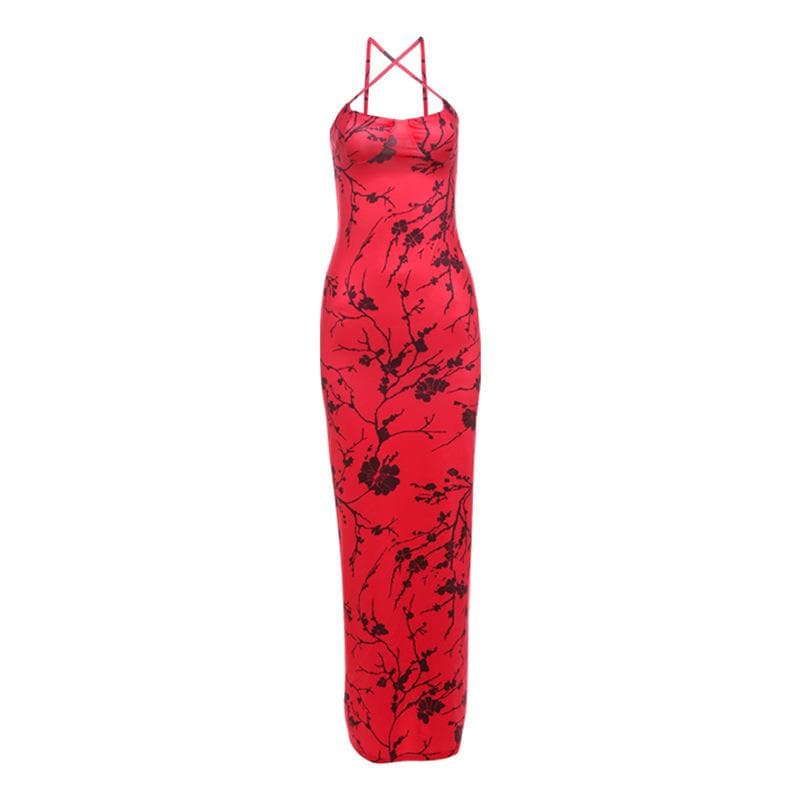 Print cross front ruched cami maxi dress
