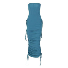Ruched backless solid drawstring tube midi dress-final-sale