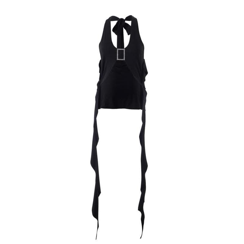 Solid halter buckle self tie ribbon backless crop top-final-sale